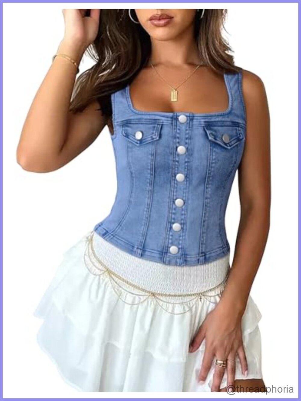 Women's Denim Vest Square Neck Sleeveless Jean Top Stretch